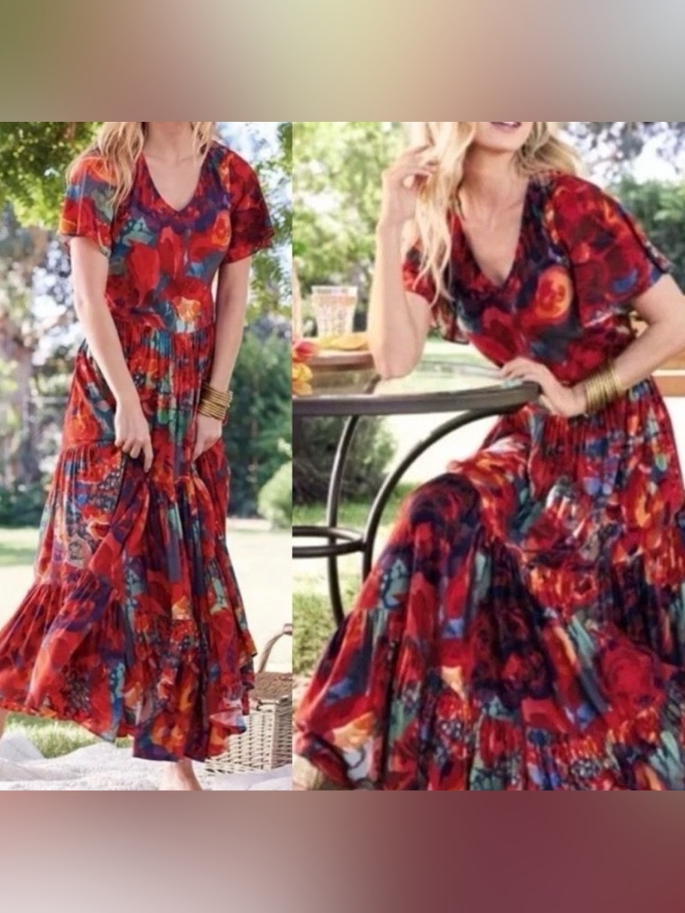 Soft Surroundings Red Floral V-Neck Tiered Maxi Dress